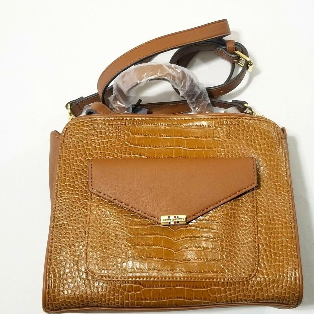 Tommy Hilfiger Shoulder Handbag Faux Leather Brown Croc Embossed